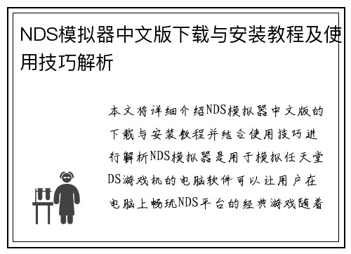 NDS模拟器中文版下载与安装教程及使用技巧解析